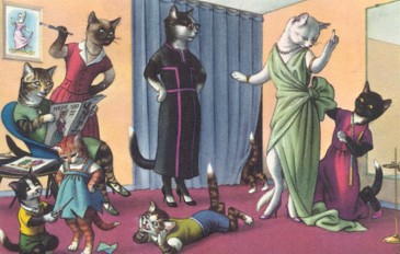 Featured is a postcard image starring the beloved Alfred Mainzer cats in a Designer Fashions scenario.  The original unused card is for sale in The unltd.com Store.